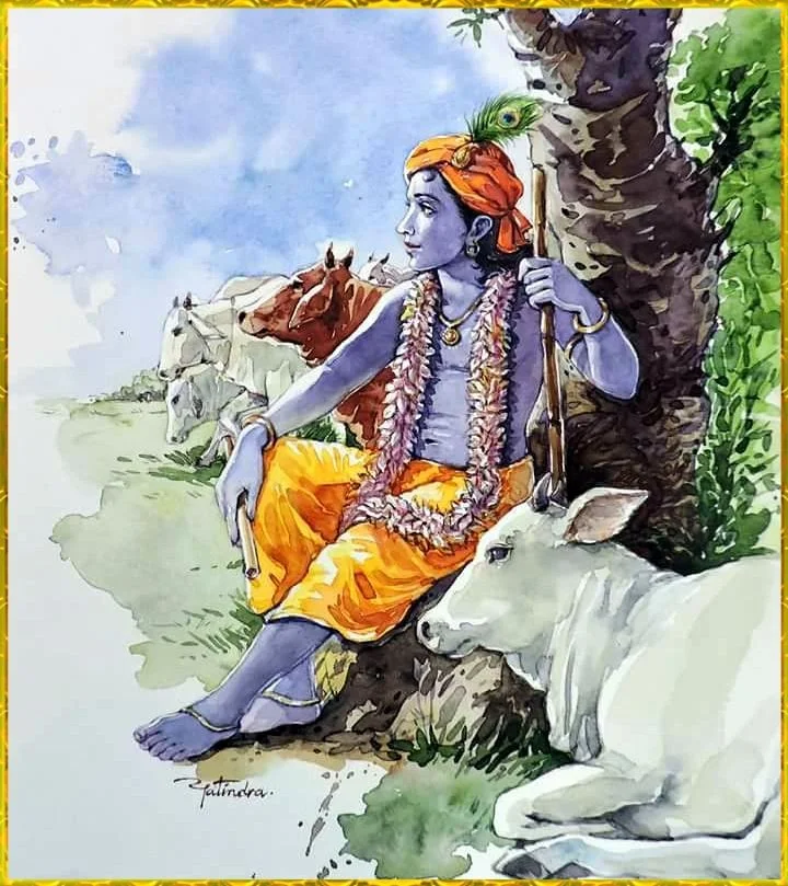 cute krishna with cow image Generative AI krishna on rock sitting with baby  cow 21924499 Stock Photo at Vecteezy